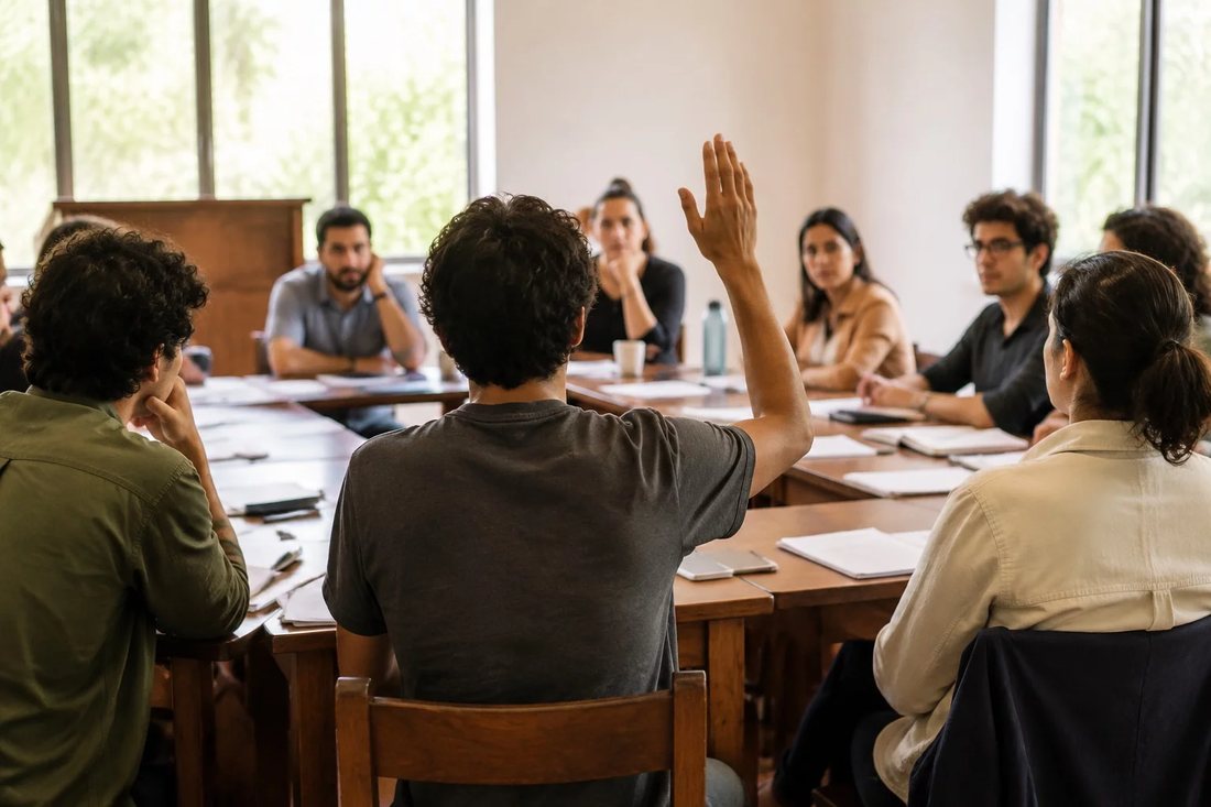 Dupla organizando o roteiro de um debate com cadernos e canetas marca-texto